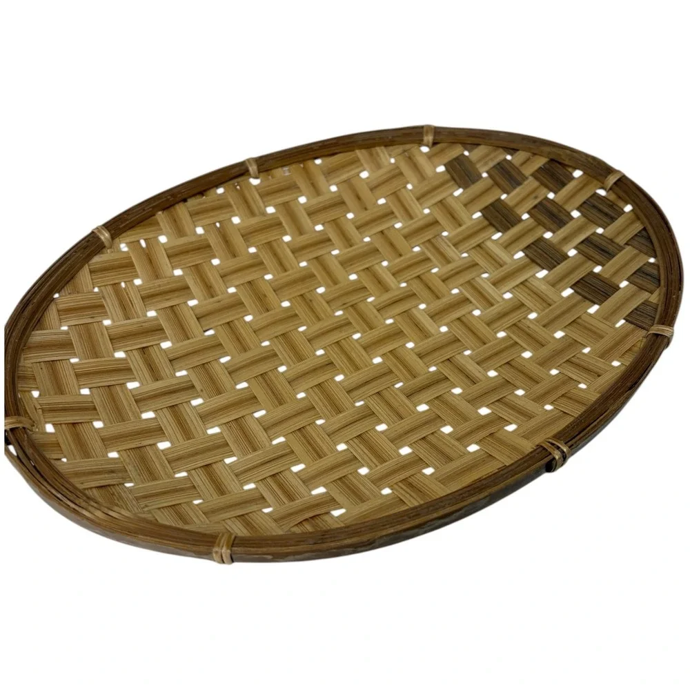 Vintage Handwoven Bamboo Rattan Oval Decorative Tray Boho Farmhouse Wall Decor